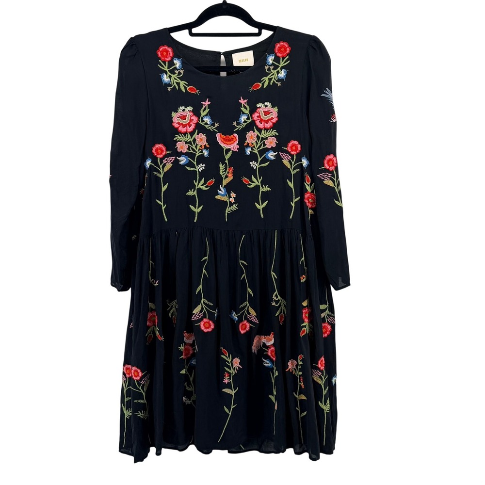 Anthropologie Maeve Allison Tunic Black Floral Birds Embroidered Babydoll Boho M - Picture 2 of 12